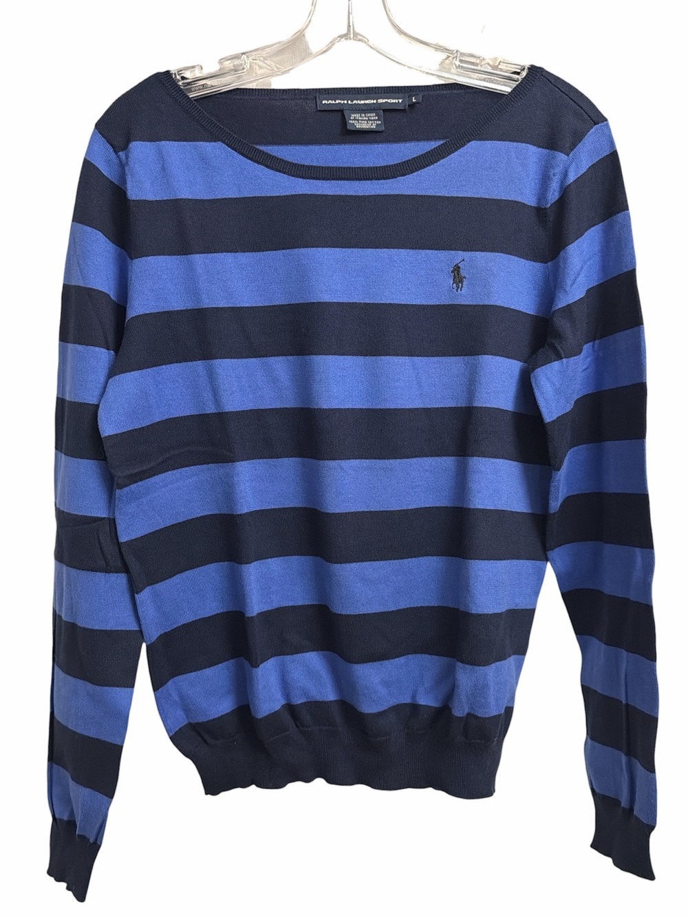 Ralph Lauren Women's Blue and Navy Striped Crewneck Sweater